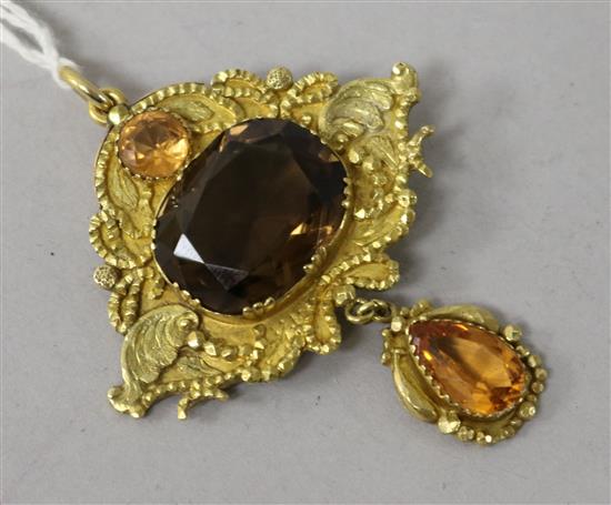 A late Victorian yellow metal, citrine and paste set drop pendant, 48mm.